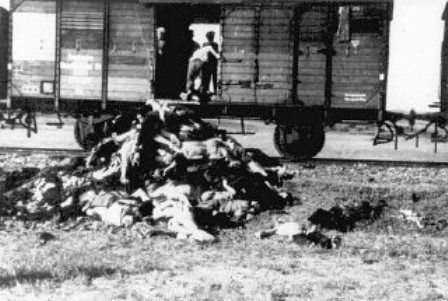 Along the route from Iasi to either Calarasi or Podul IIoaei, Romanians remove corpses from a train carrying Jews deported from Iasi